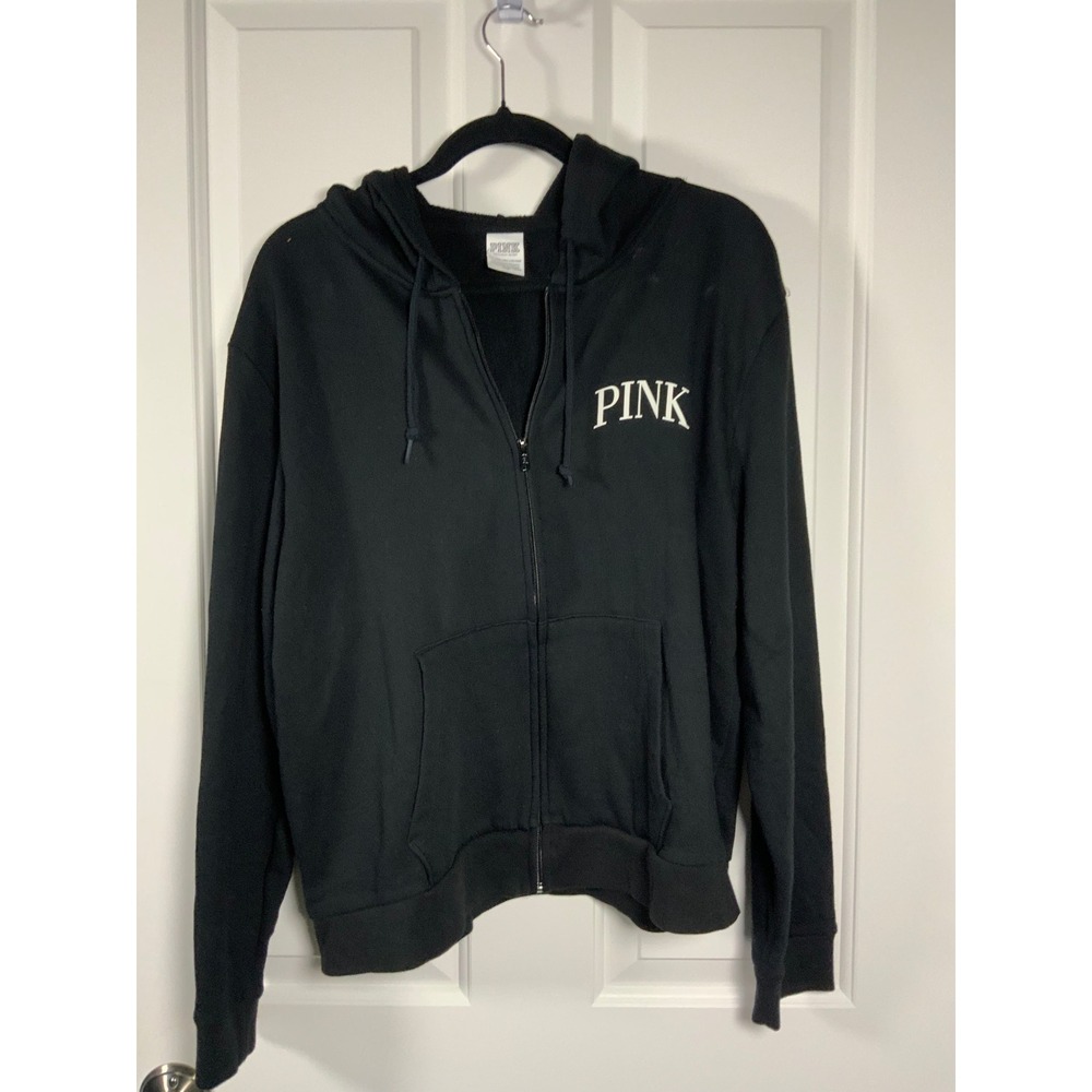 Victoria's Secret PINK Full Zip Hoodie Black Fleece Sweatshirt XXL Logo Back